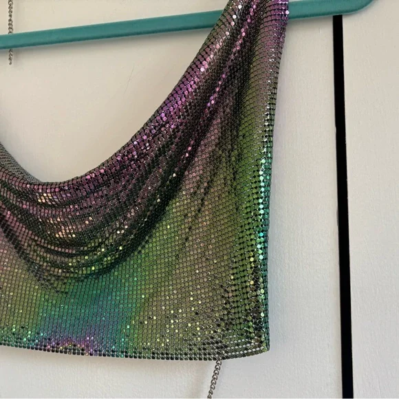 Rainbow Multicolor Chainmail Cowl Neck Crop Top Size Small - Picture 5 of 13